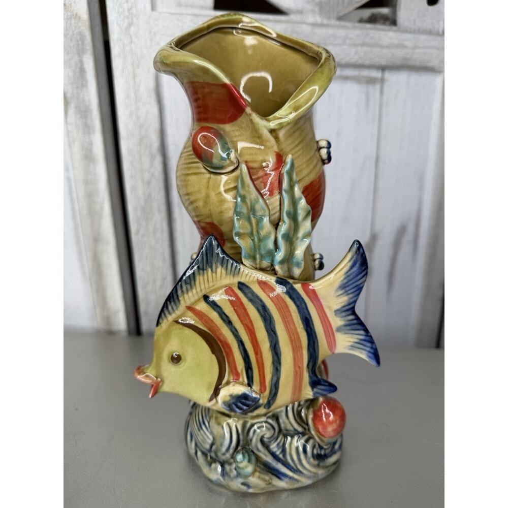 VTG Majolica Style Angelfish Ceramic Vase MCM Coastal Sculptural Fish Decor